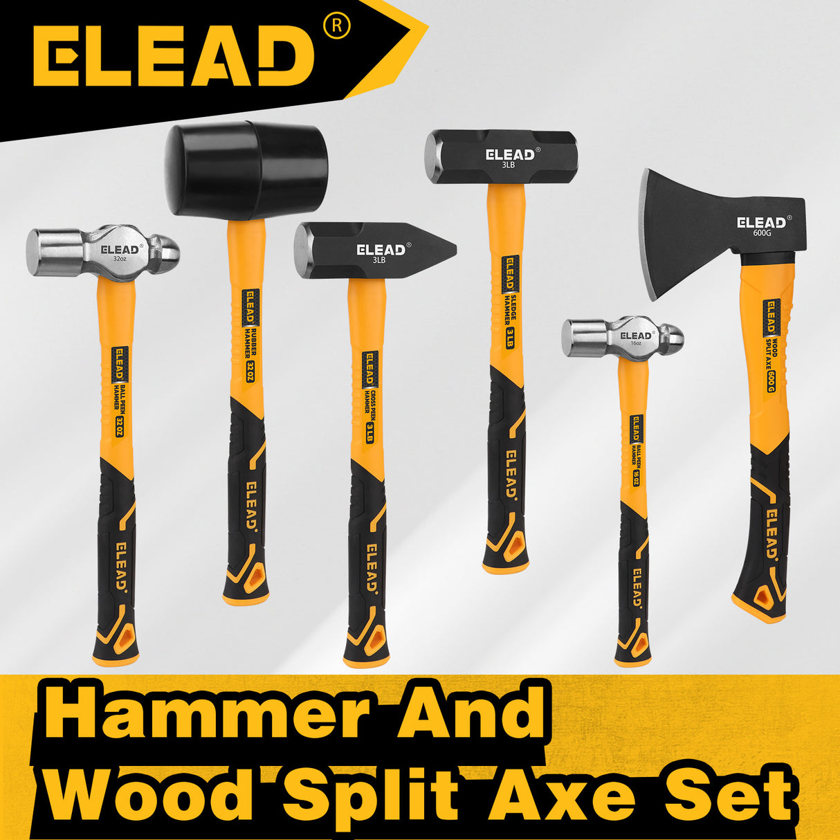 6-piece hammer set with fiberglass handles, ball peen hammers, sledge hammer, cross peen hammer, rubber mallet and wood splitting axe