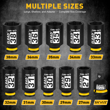 11-piece 1/2 inch drive metric impact socket set with 27mm to 38mm CR-MO deep sockets, 3/4 to 1/2 impact adapter, 6-point design, black phosphate finish and secure storage case for automotive wheel, truck and extractor repair