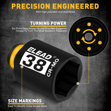 11-piece 1/2 inch drive metric impact socket set with 27mm to 38mm CR-MO deep sockets, 3/4 to 1/2 impact adapter, 6-point design, black phosphate finish and secure storage case for automotive wheel, truck and extractor repair