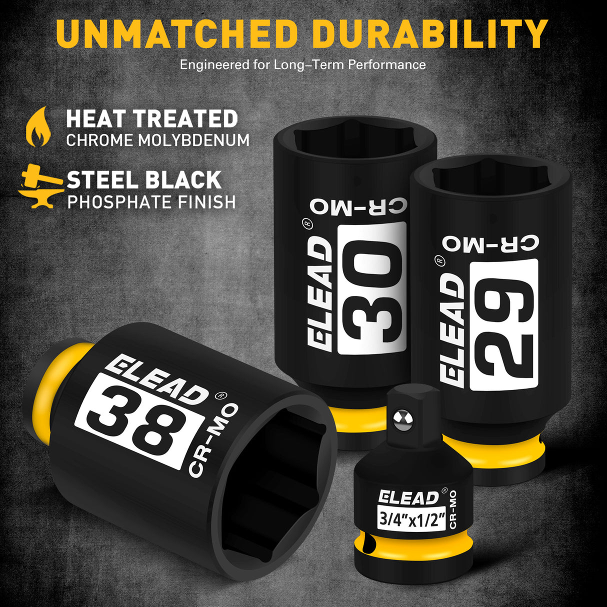 11-piece 1/2 inch drive metric impact socket set with 27mm to 38mm CR-MO deep sockets, 3/4 to 1/2 impact adapter, 6-point design, black phosphate finish and secure storage case for automotive wheel, truck and extractor repair