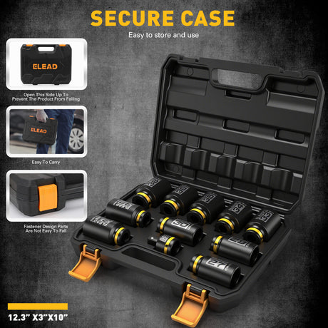 11-piece 1/2 inch drive metric impact socket set with 27mm to 38mm CR-MO deep sockets, 3/4 to 1/2 impact adapter, 6-point design, black phosphate finish and secure storage case for automotive wheel, truck and extractor repair