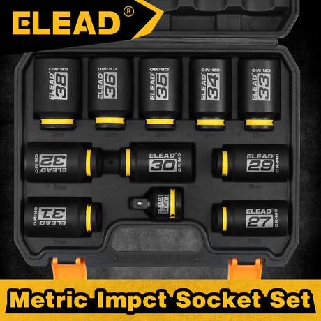 11-piece 1/2 inch drive metric impact socket set with 27mm to 38mm CR-MO deep sockets, 3/4 to 1/2 impact adapter, 6-point design, black phosphate finish and secure storage case for automotive wheel, truck and extractor repair