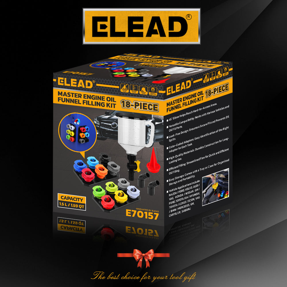 18-piece engine oil funnel filling kit with 1.5L funnel, color-coded adapters, valve control and magnetic storage trays for clean oil changes