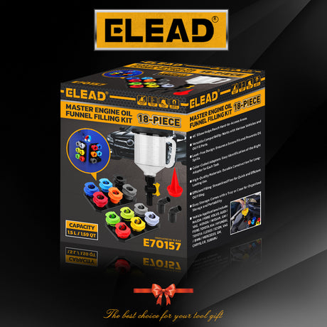 18-piece engine oil funnel filling kit with 1.5L funnel, color-coded adapters, valve control and magnetic storage trays for clean oil changes