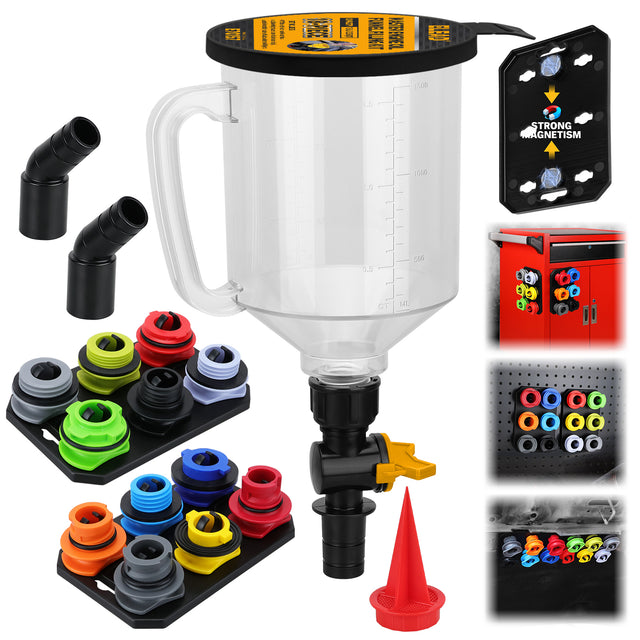 18-piece engine oil funnel filling kit with 1.5L funnel, color-coded adapters, valve control and magnetic storage trays for clean oil changes
