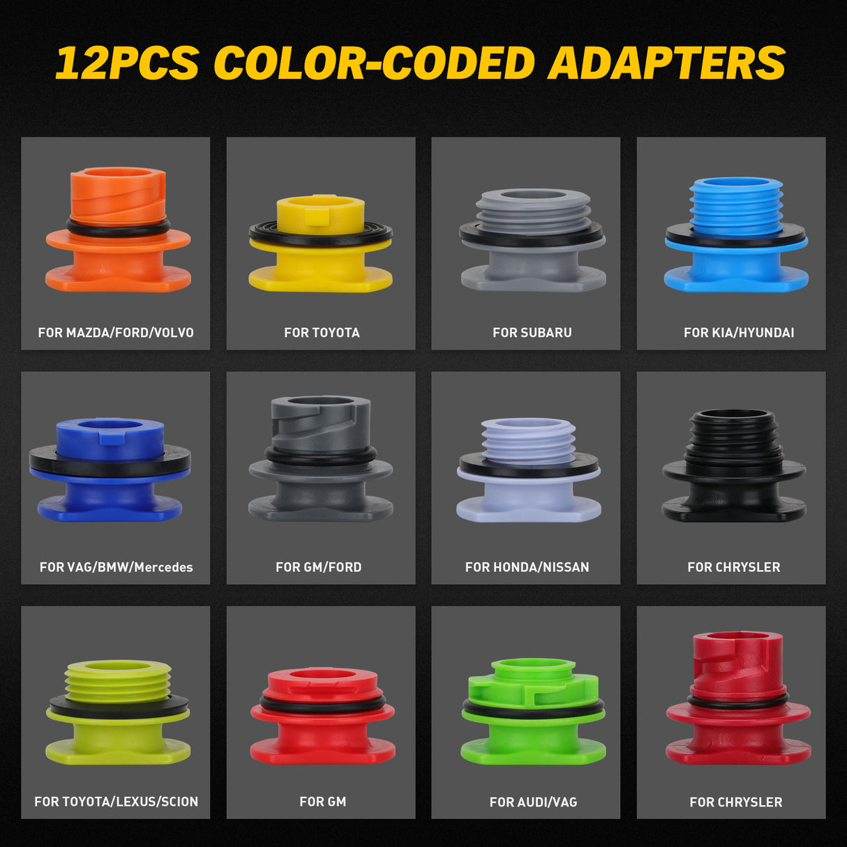 18-piece engine oil funnel filling kit with 1.5L funnel, color-coded adapters, valve control and magnetic storage trays for clean oil changes