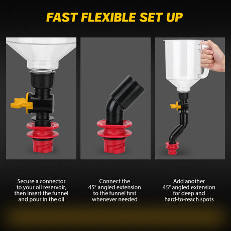 18-piece engine oil funnel filling kit with 1.5L funnel, color-coded adapters, valve control and magnetic storage trays for clean oil changes