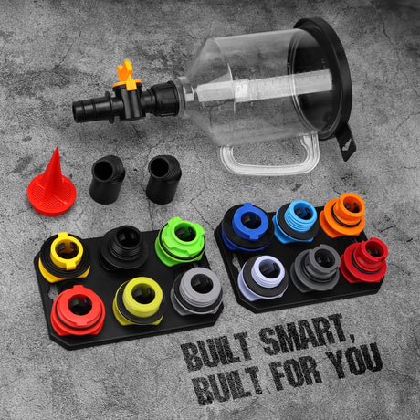 18-piece engine oil funnel filling kit with 1.5L funnel, color-coded adapters, valve control and magnetic storage trays for clean oil changes