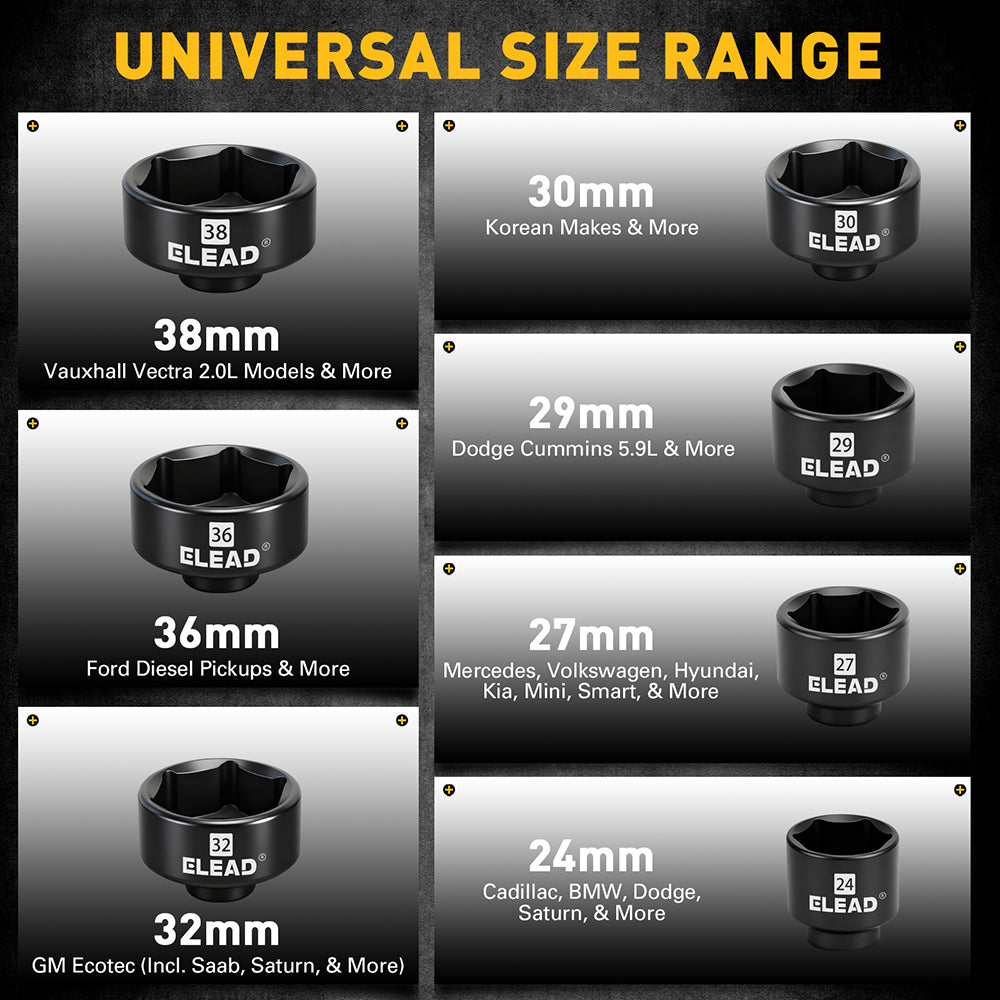 ELEAD 10-Piece 3/8'' Drive Oil Filter Cap Removal Tool Set, 24–38mm Heavy-Duty Oil Filter Socket Kit with Ratchet for Car & Truck Maintenance