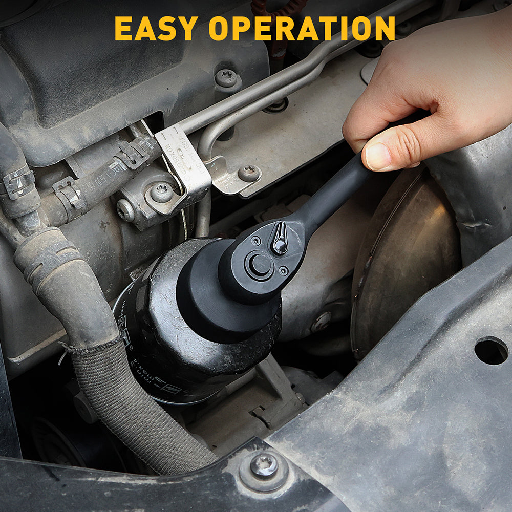 10-piece 3/8 inch oil filter cap removal tool set with metric sockets and ratchet