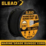 3/16 inch x 110ft marine grade black bungee cord roll with 5mm diameter, stretch rubber core, weather-resistant braided cover, 55 lbs load capacity and outdoor cargo tie-down use