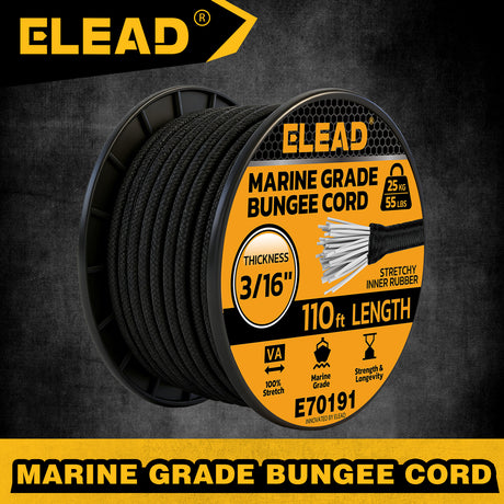 3/16 inch x 110ft marine grade black bungee cord roll with 5mm diameter, stretch rubber core, weather-resistant braided cover, 55 lbs load capacity and outdoor cargo tie-down use