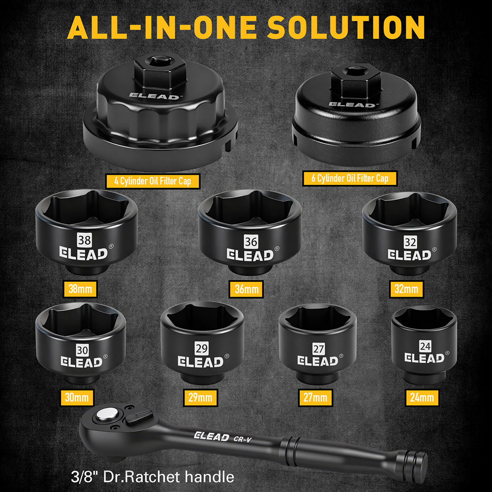 10-piece 3/8 inch oil filter cap removal tool set with metric sockets and ratchet