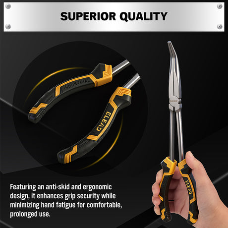 ELEAD 3 piece 11 inch long reach pliers set with straight 45 and 90 degree needle nose pliers magnetic racks and storage pouch
