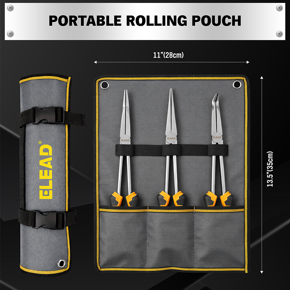 ELEAD 3 piece 11 inch long reach pliers set with straight 45 and 90 degree needle nose pliers magnetic racks and storage pouch