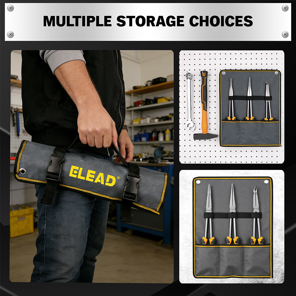 ELEAD 3 piece 11 inch long reach pliers set with straight 45 and 90 degree needle nose pliers magnetic racks and storage pouch