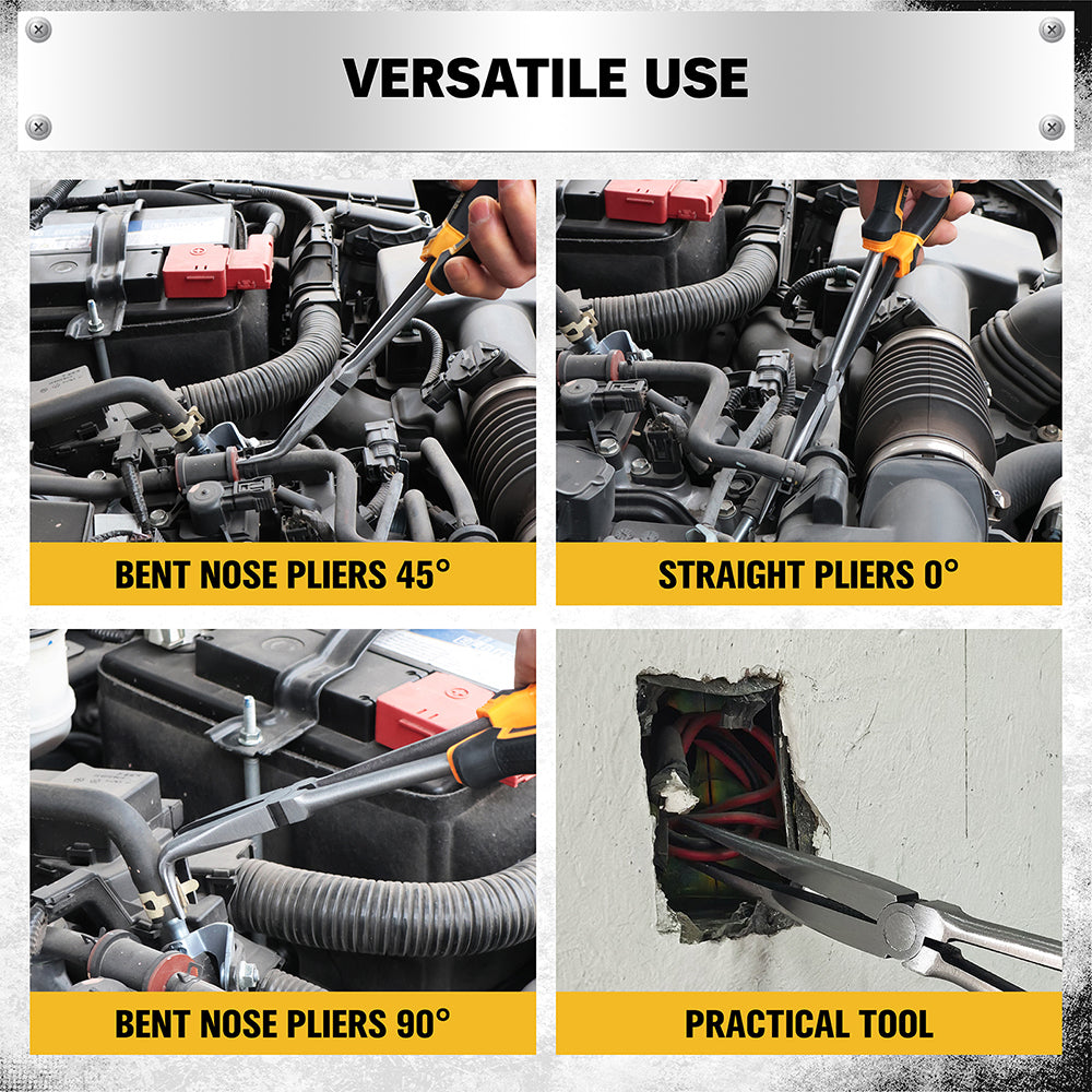 ELEAD 3 piece 11 inch long reach pliers set with straight 45 and 90 degree needle nose pliers magnetic racks and storage pouch