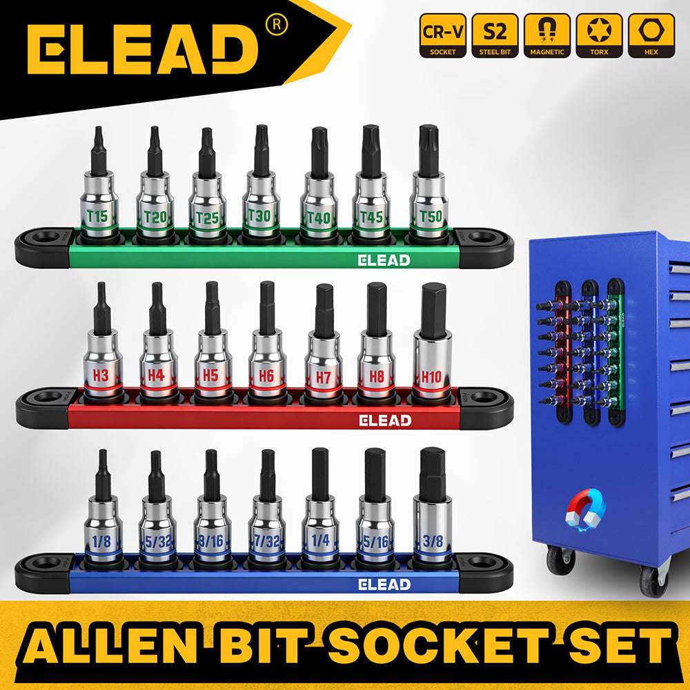 ELEAD 3/8 inch drive 21 piece hex and torx bit socket set with magnetic rails, metric and SAE allen bits for automotive and mechanical use