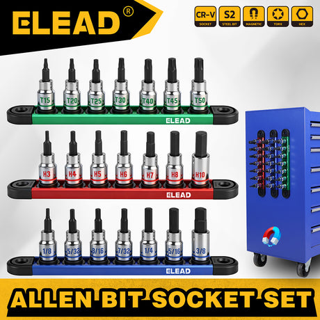 ELEAD 3/8 inch drive 21 piece hex and torx bit socket set with magnetic rails, metric and SAE allen bits for automotive and mechanical use