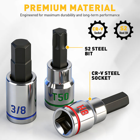 ELEAD 3/8 inch drive 21 piece hex and torx bit socket set with magnetic rails, metric and SAE allen bits for automotive and mechanical use