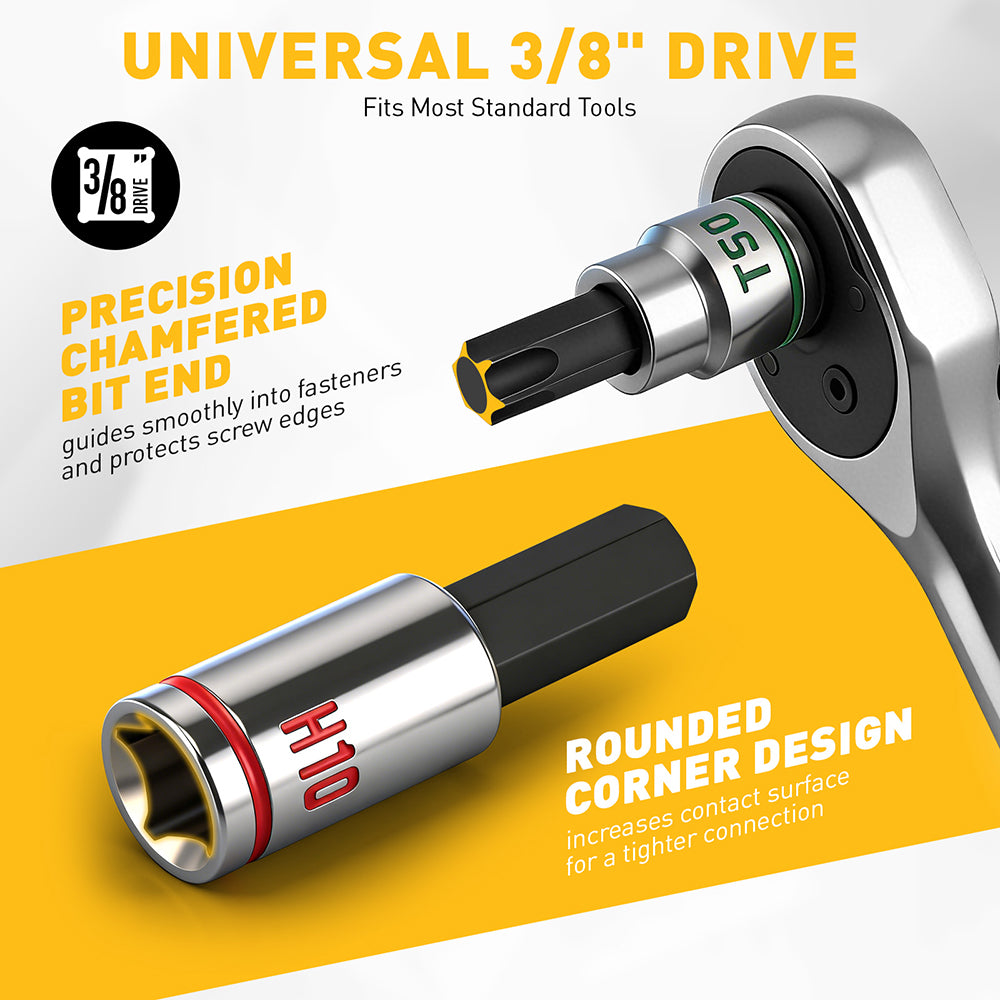 ELEAD 3/8 inch drive 21 piece hex and torx bit socket set with magnetic rails, metric and SAE allen bits for automotive and mechanical use