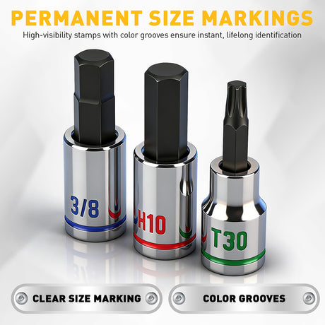 ELEAD 3/8 inch drive 21 piece hex and torx bit socket set with magnetic rails, metric and SAE allen bits for automotive and mechanical use