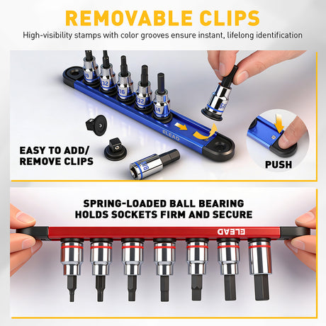 ELEAD 3/8 inch drive 21 piece hex and torx bit socket set with magnetic rails, metric and SAE allen bits for automotive and mechanical use