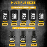 8-piece 1/2-inch drive axle nut socket set with metric deep impact sockets and hex bit sockets in carrying case