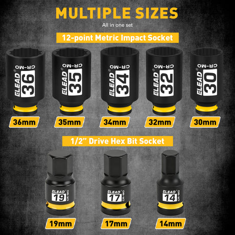 8-piece 1/2-inch drive axle nut socket set with metric deep impact sockets and hex bit sockets in carrying case