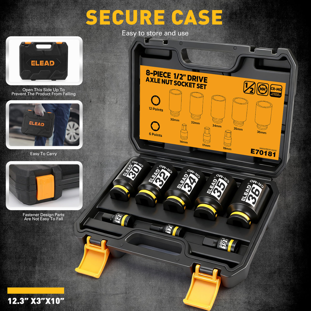 8-piece 1/2-inch drive axle nut socket set with metric deep impact sockets and hex bit sockets in carrying case