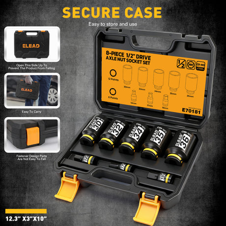 8-piece 1/2-inch drive axle nut socket set with metric deep impact sockets and hex bit sockets in carrying case