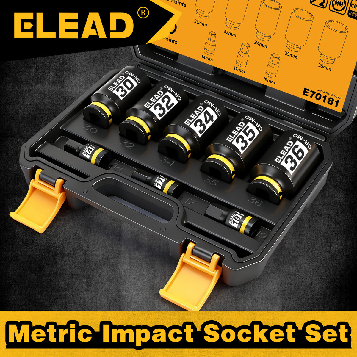 ELEAD 8-Piece 1/2" Drive Axle Nut Socket Set, 30-36mm Deep Impact & 14-19mm Hex Bit Sockets, CR-MO