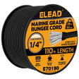 1/4-inch x 110 ft marine grade black bungee cord roll with heavy duty rubber core, 62 lb load capacity and weather-resistant shock cord design