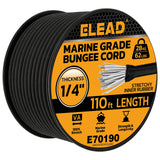1/4-inch x 110 ft marine grade black bungee cord roll with heavy duty rubber core, 62 lb load capacity and weather-resistant shock cord design