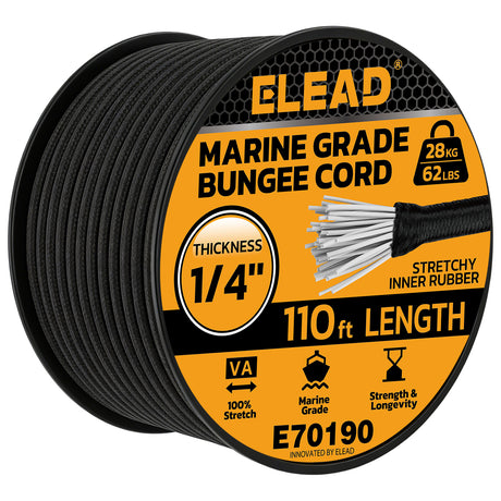 1/4-inch x 110 ft marine grade black bungee cord roll with heavy duty rubber core, 62 lb load capacity and weather-resistant shock cord design