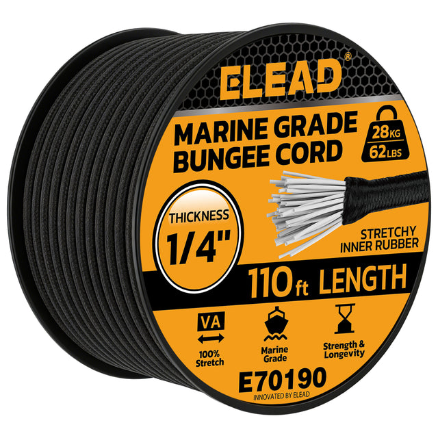 1/4-inch x 110 ft marine grade black bungee cord roll with heavy duty rubber core, 62 lb load capacity and weather-resistant shock cord design