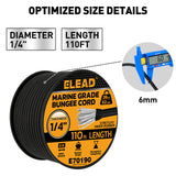 1/4-inch x 110 ft marine grade black bungee cord roll with heavy duty rubber core, 62 lb load capacity and weather-resistant shock cord design