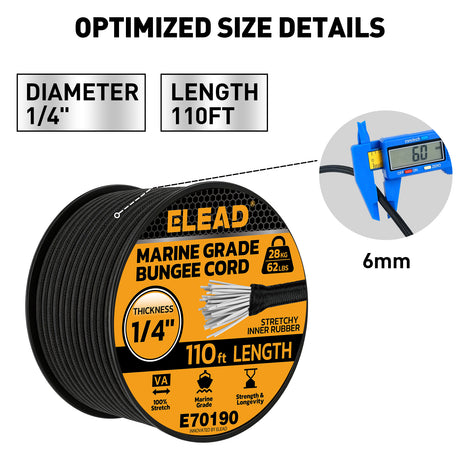 1/4-inch x 110 ft marine grade black bungee cord roll with heavy duty rubber core, 62 lb load capacity and weather-resistant shock cord design