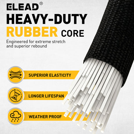 1/4-inch x 110 ft marine grade black bungee cord roll with heavy duty rubber core, 62 lb load capacity and weather-resistant shock cord design