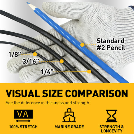 1/4-inch x 110 ft marine grade black bungee cord roll with heavy duty rubber core, 62 lb load capacity and weather-resistant shock cord design