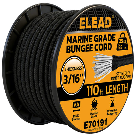 3/16 inch x 110ft marine grade black bungee cord roll with 5mm diameter, stretch rubber core, weather-resistant braided cover, 55 lbs load capacity and outdoor cargo tie-down use