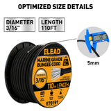 3/16 inch x 110ft marine grade black bungee cord roll with 5mm diameter, stretch rubber core, weather-resistant braided cover, 55 lbs load capacity and outdoor cargo tie-down use