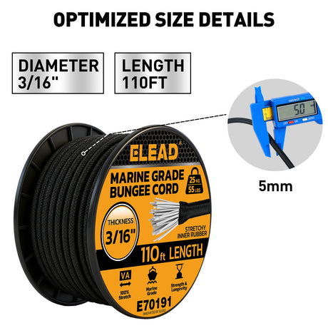3/16 inch x 110ft marine grade black bungee cord roll with 5mm diameter, stretch rubber core, weather-resistant braided cover, 55 lbs load capacity and outdoor cargo tie-down use