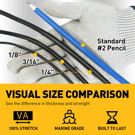 3/16 inch x 110ft marine grade black bungee cord roll with 5mm diameter, stretch rubber core, weather-resistant braided cover, 55 lbs load capacity and outdoor cargo tie-down use