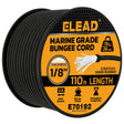 1/8 inch x 110ft marine grade black bungee cord roll with 3mm diameter, stretch rubber core, braided outer cover, 29 lbs load capacity and outdoor tie-down use