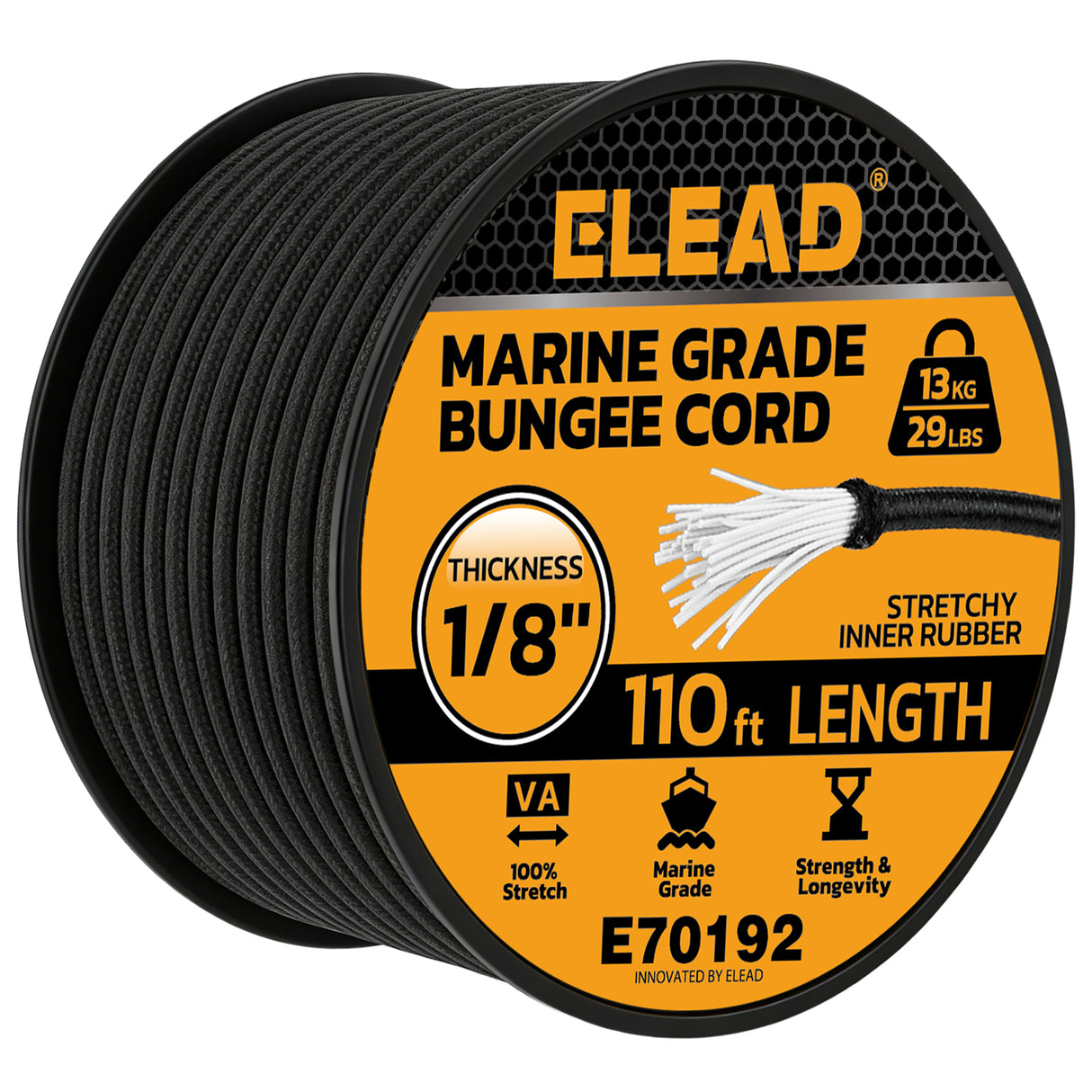 1/8 inch x 110ft marine grade black bungee cord roll with 3mm diameter, stretch rubber core, braided outer cover, 29 lbs load capacity and outdoor tie-down use