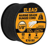 1/8 inch x 110ft marine grade black bungee cord roll with 3mm diameter, stretch rubber core, braided outer cover, 29 lbs load capacity and outdoor tie-down use