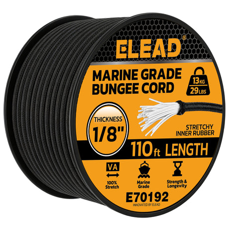 1/8 inch x 110ft marine grade black bungee cord roll with 3mm diameter, stretch rubber core, braided outer cover, 29 lbs load capacity and outdoor tie-down use