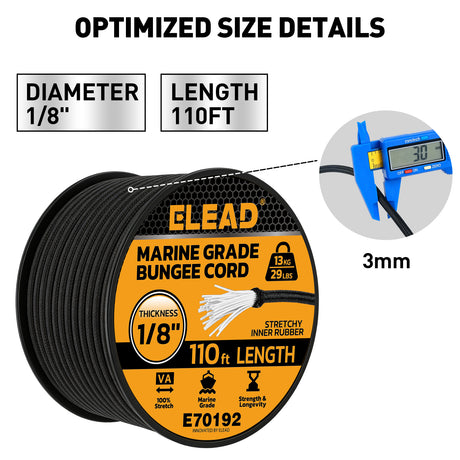 1/8 inch x 110ft marine grade black bungee cord roll with 3mm diameter, stretch rubber core, braided outer cover, 29 lbs load capacity and outdoor tie-down use