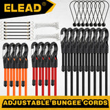 adjustable bungee cords set with carabiner hooks, heavy duty elastic tie down cords for camping, cargo securing, roof racks, storage organization and outdoor use